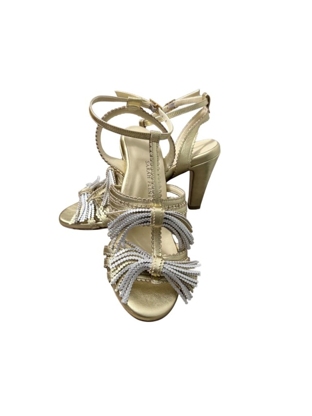 Sarah Flint Gold Silver Leather Cutout Fringe T-Strap Sandals Womens Size 8